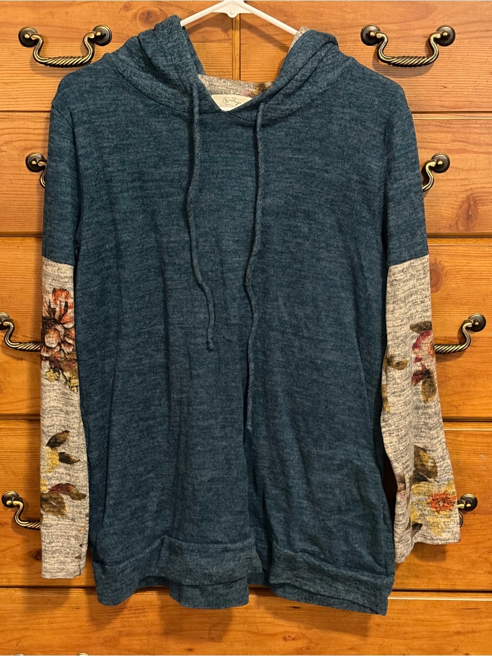 Blue Cowl-Neck Hooded Sweater with Floral Accent Sleeves